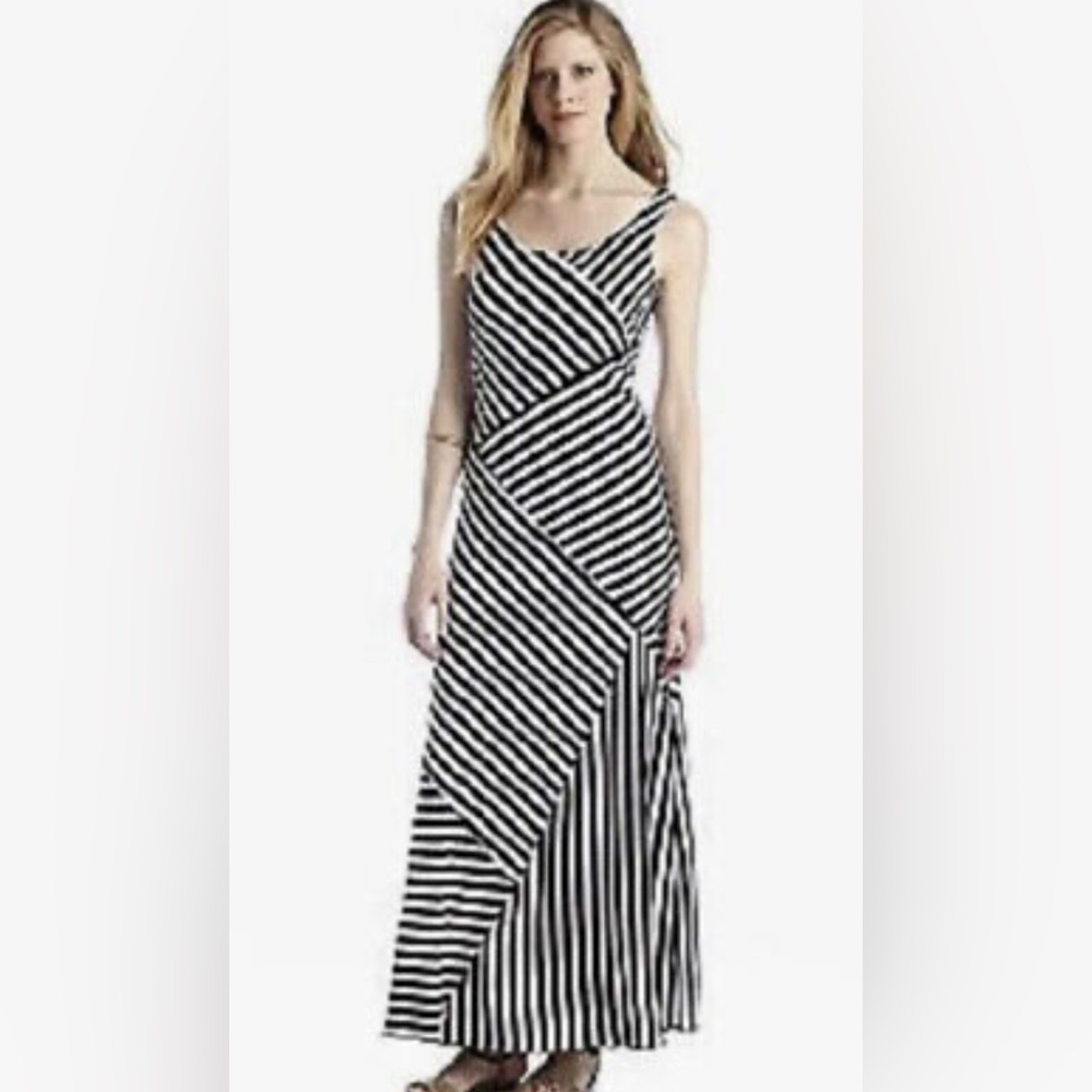AB Stuidio Black White Striped Stretch Jersey Maxi Dress